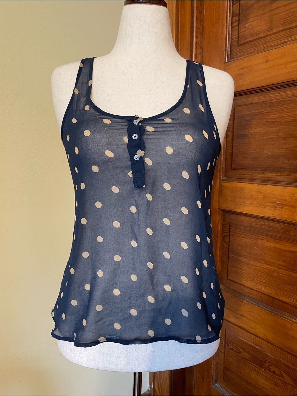 Iris Basic Navy and Beige Polka Dot Sleeveless Tank